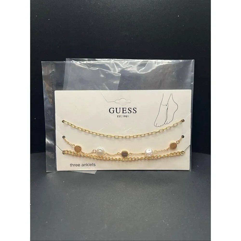 GUESS Gold Tone Mixed 3 Piece Anklet Set